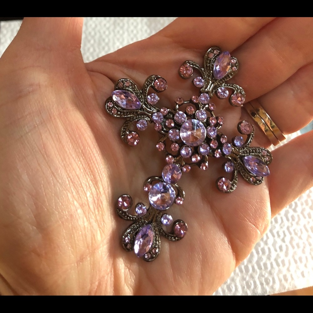 Vtge Pink & Lilac Rhinestone Cross Brooch - Picture 5 of 6